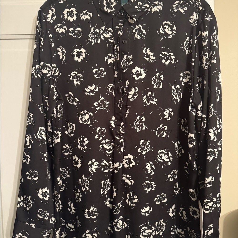 Ralph Lauren Black Floral Button Front Blouse Size Large Classic Workwear Top